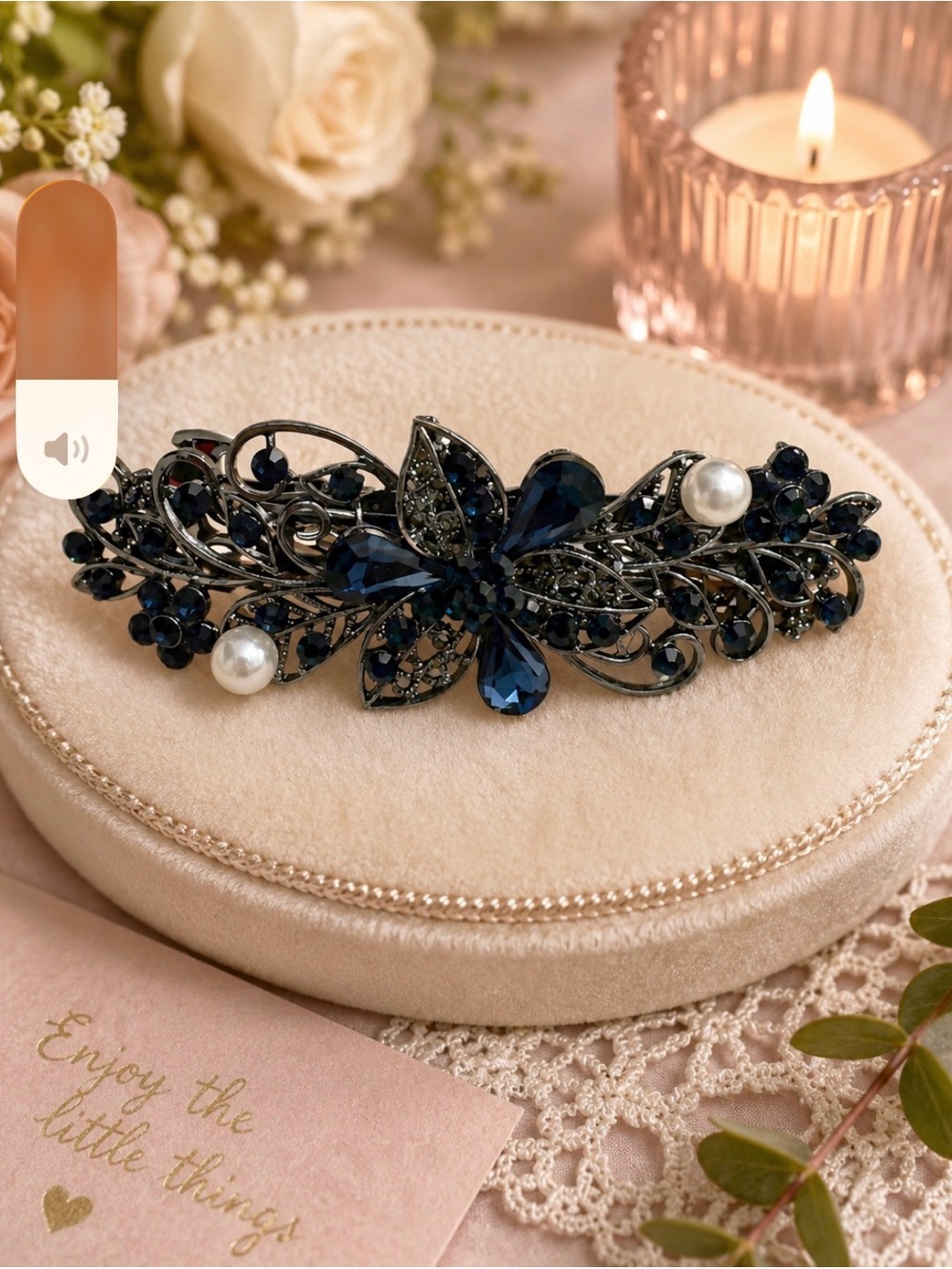 Elegant Navy Crystal Floral Hair Barrette - Unbranded